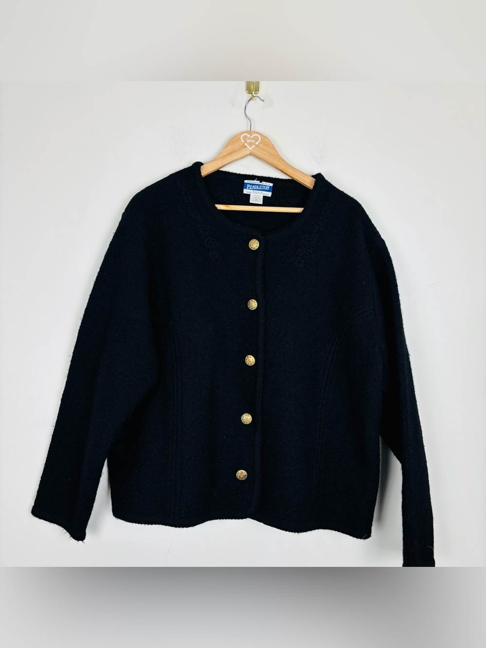 Vintage Pendleton Wool Black Lady Jacket Floral Embroidery Gold Buttons. 3X